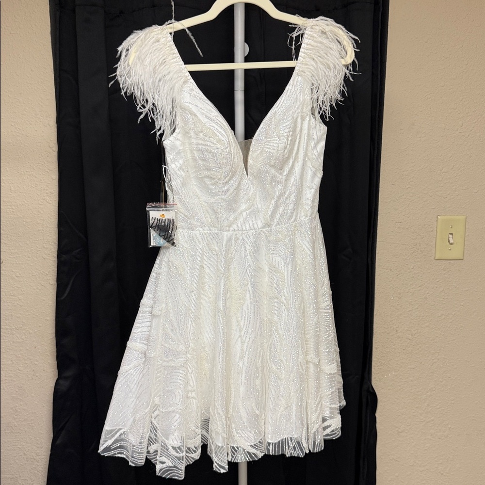 Alyce Paris White Backless Feather Dress